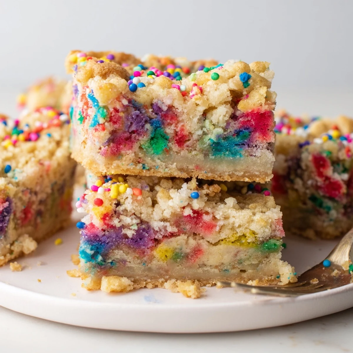 Rainbow sprinkles glisten atop soft Funfetti Soda Streusel Blondie Bars, perfect for celebrations.  