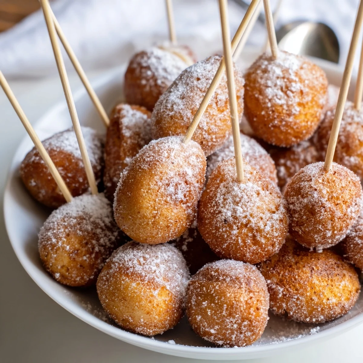 Soft Coffee Butter Cake Pancake Pops dusted with powdered sugar, perfect for breakfast treats.  