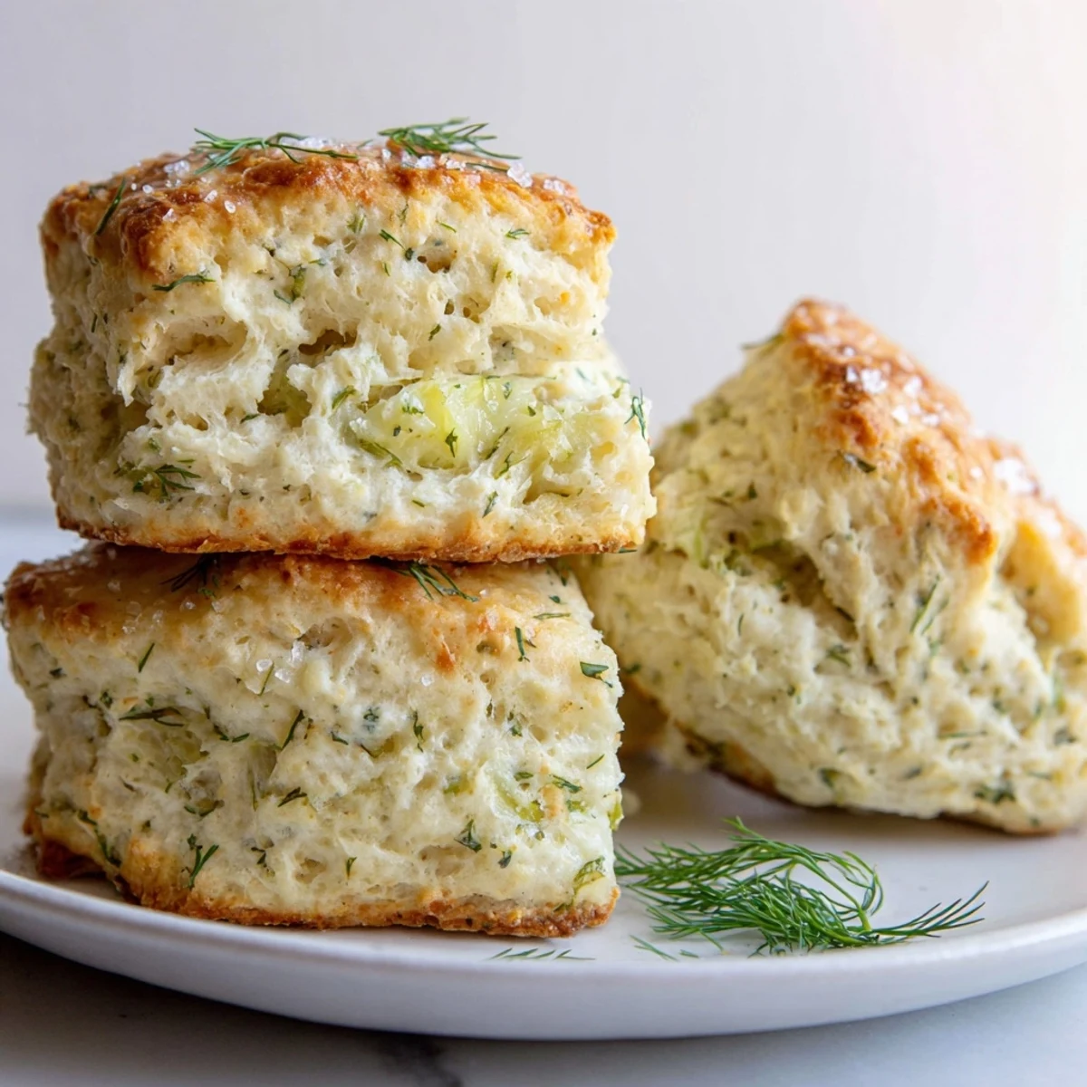 Golden brown Dill Pickle Honey Biscuit Scones topped with flaky sea salt and fresh dill.