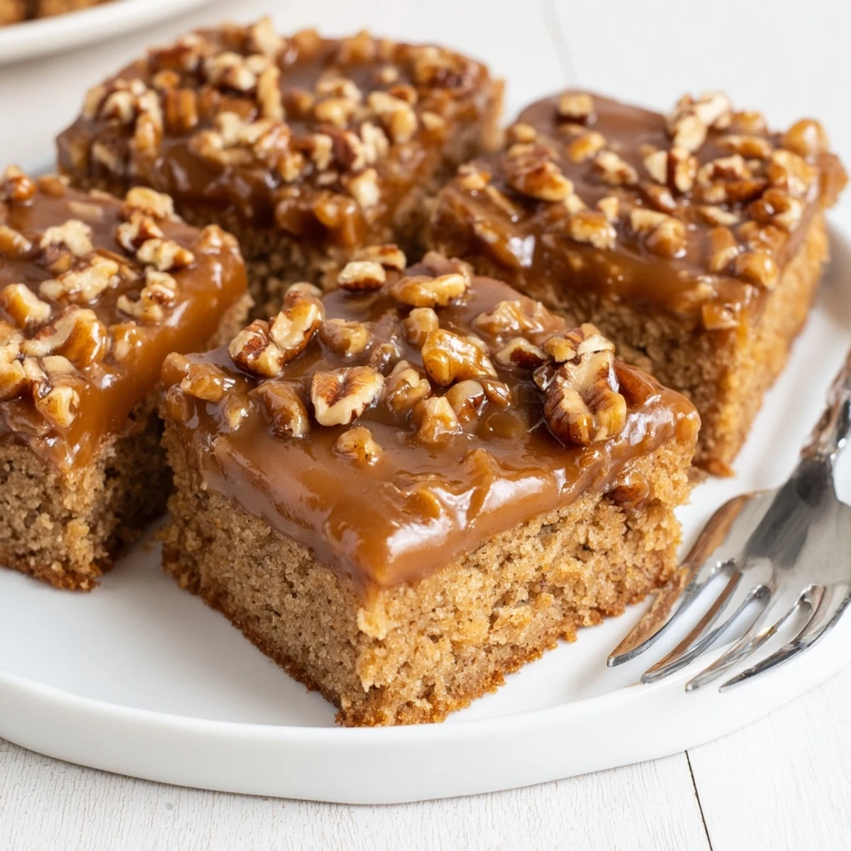 Decadent caramel pecan cookie sheet cake topped with crunchy pecans and glaze.  