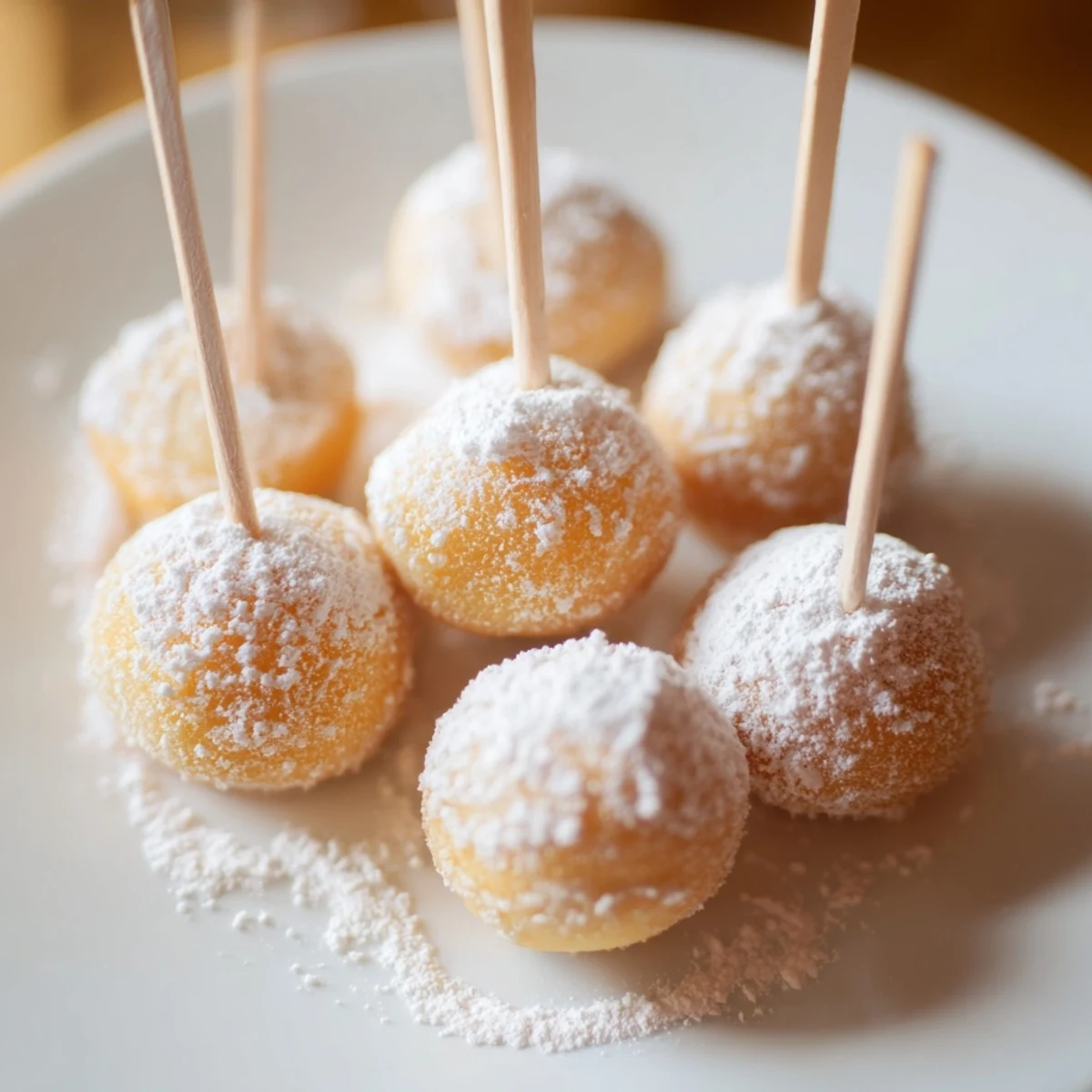 Soft and fluffy Coffee Butter Cake Pancake Pops dusted with powdered sugar.  