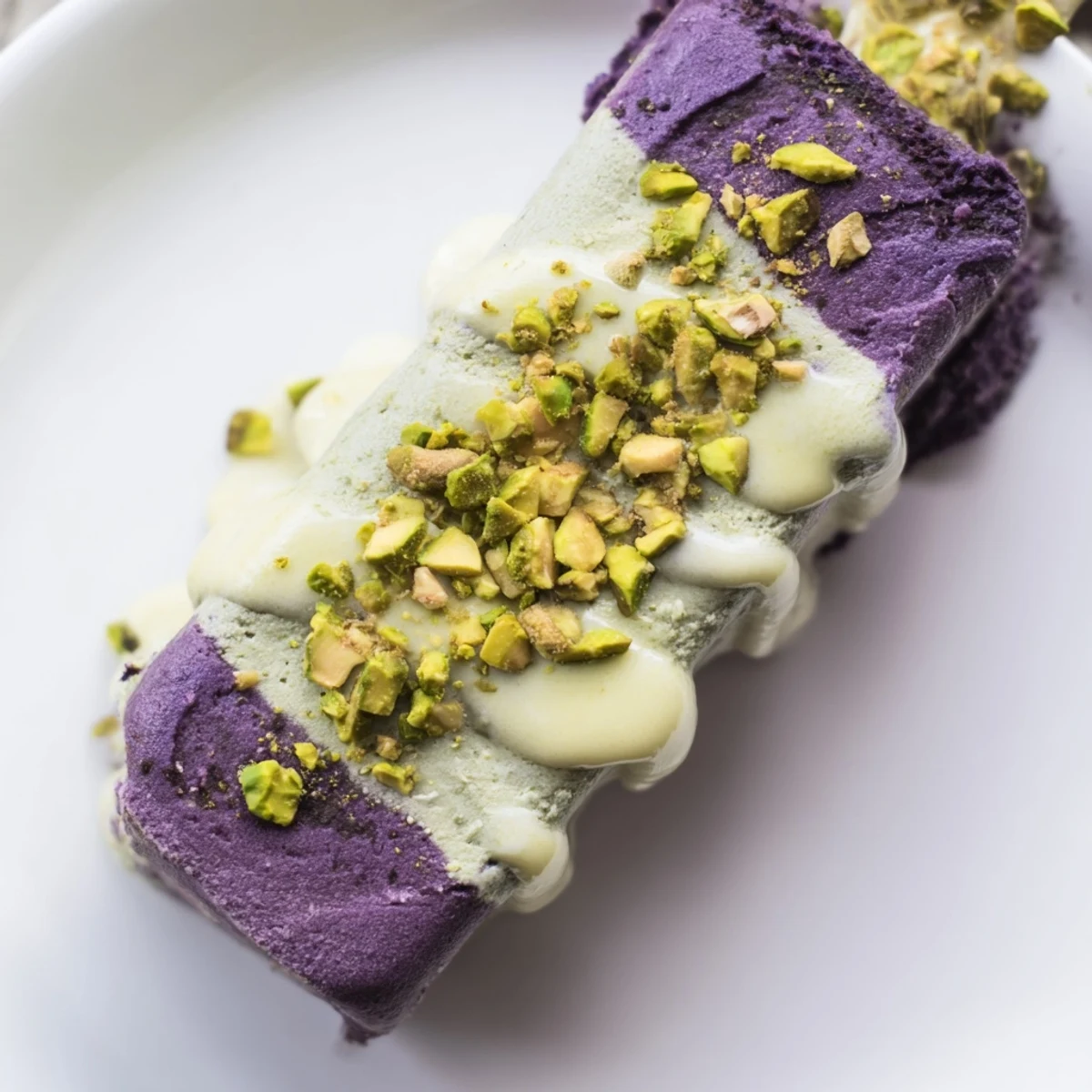 Layered Ube & Pistachio Ice Cream Bars showcasing stunning colors and delightful flavors.