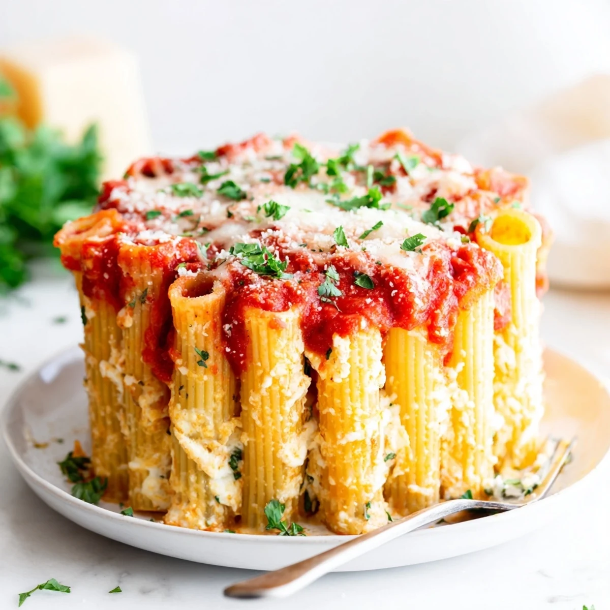 A vibrant Honeycomb Pasta Cake showcasing upright rigatoni filled with creamy ricotta.  