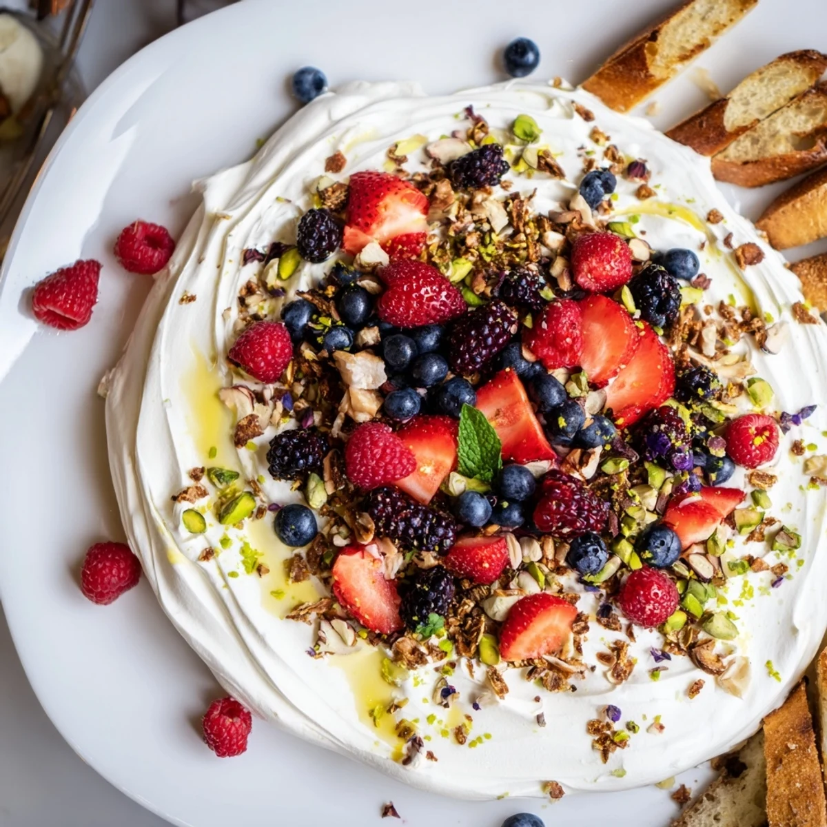 Colorful assortment of fresh berries atop a creamy butter board dessert masterpiece.  