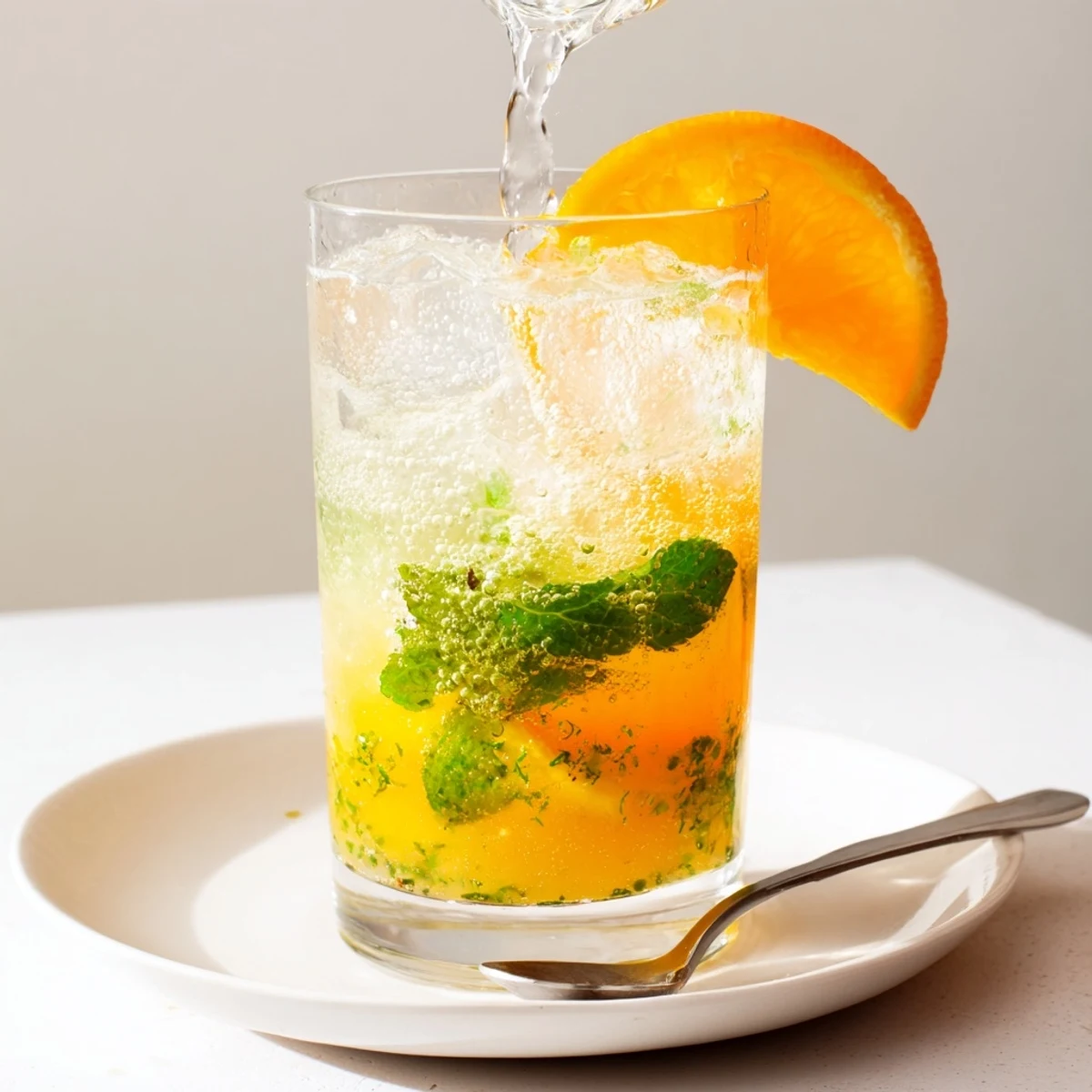 Refreshing probiotic soda mocktail served with ice and garnished with orange slices.  