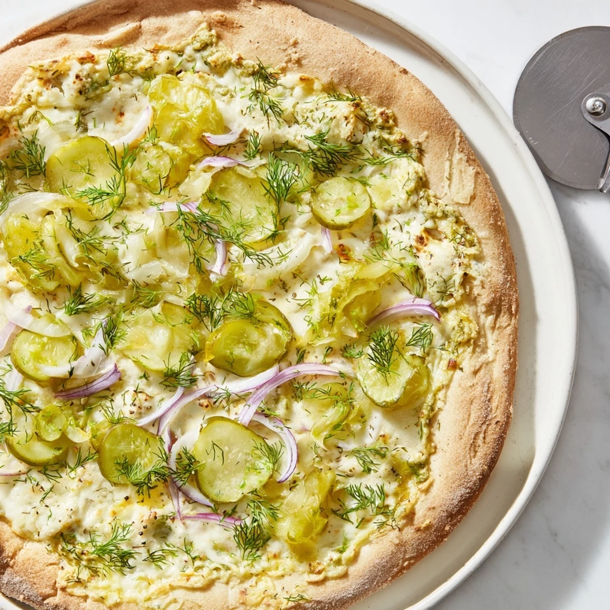 Sizzling and cheesy pickle pizza garnished with dill, perfect for adventurous eaters.