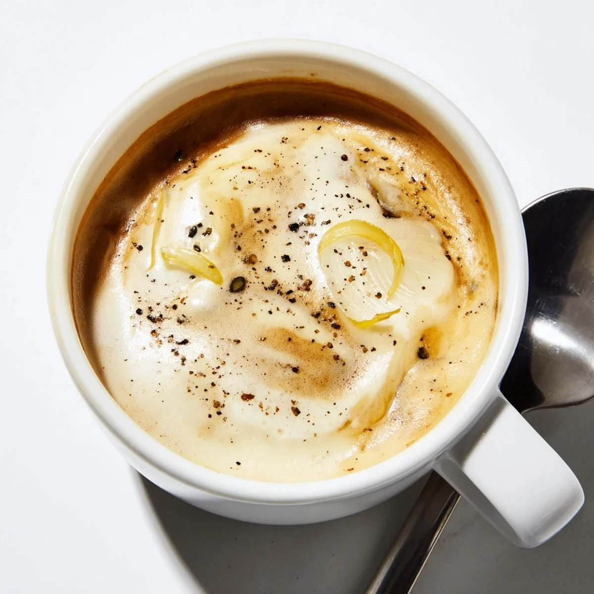 A creamy Onion Latte topped with frothed milk and caramelized onion puree.  