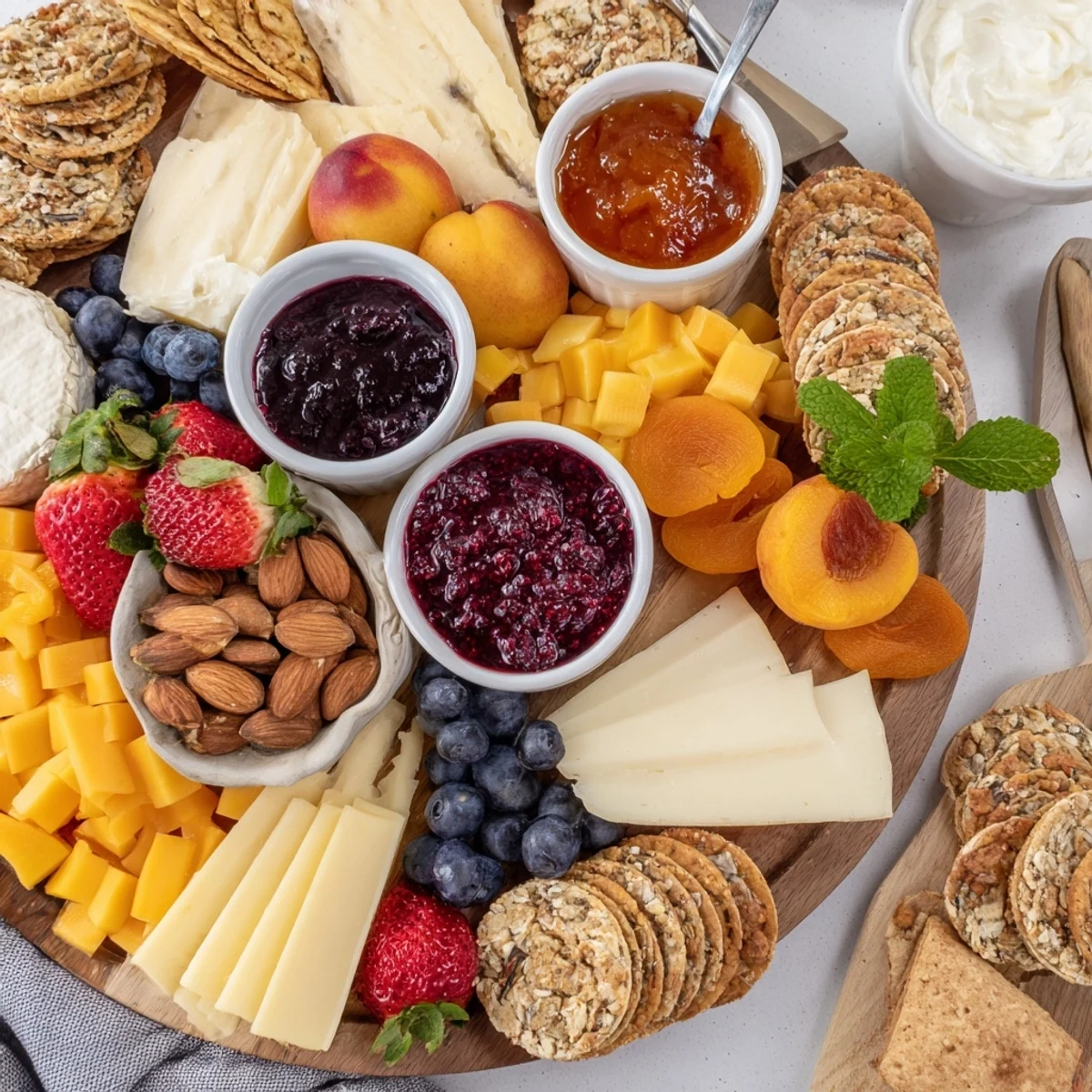 Artfully arranged jam-infused brunch board featuring fresh fruits and gourmet cheeses.  