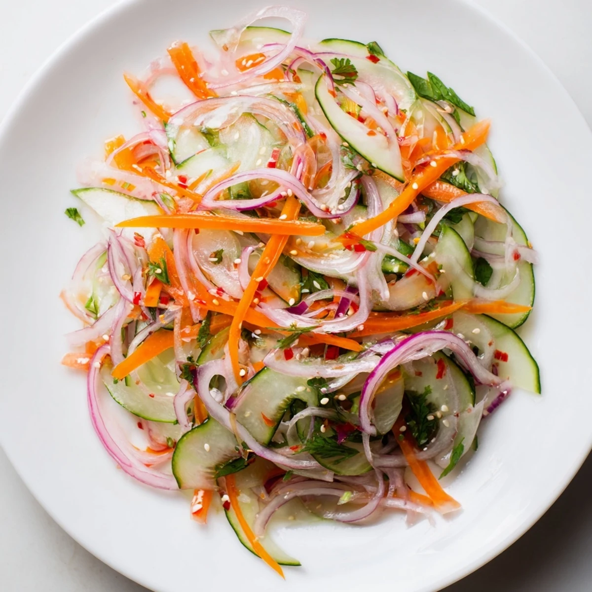 Vibrant cucumber salad remix drizzled with savory sesame dressing and garnished with sesame seeds.  