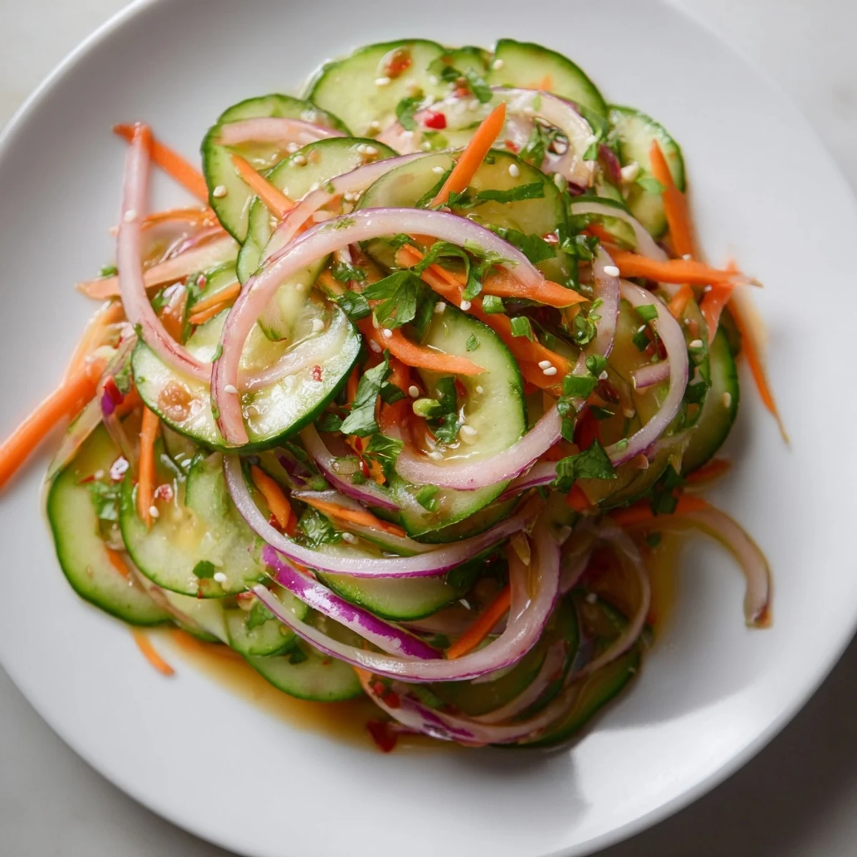 Freshly sliced cucumbers and vegetables in a flavorful Asian-inspired salad remix, perfect for summer.  