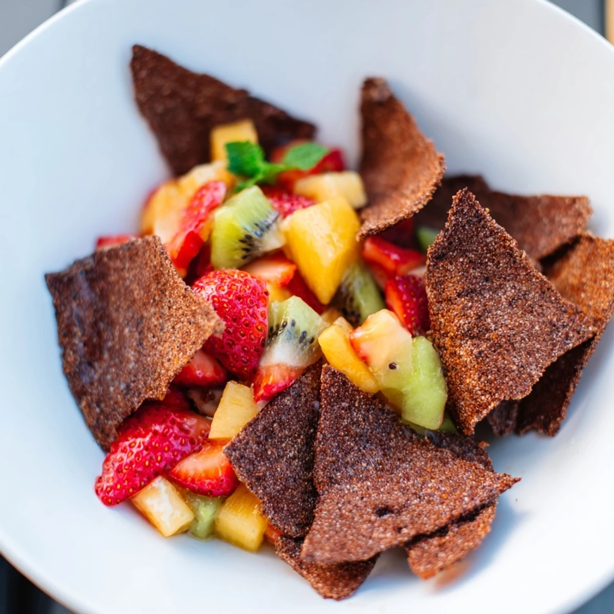 Sweet chocolate chips and colorful fruit salsa make a fun twist on dessert classic.  
