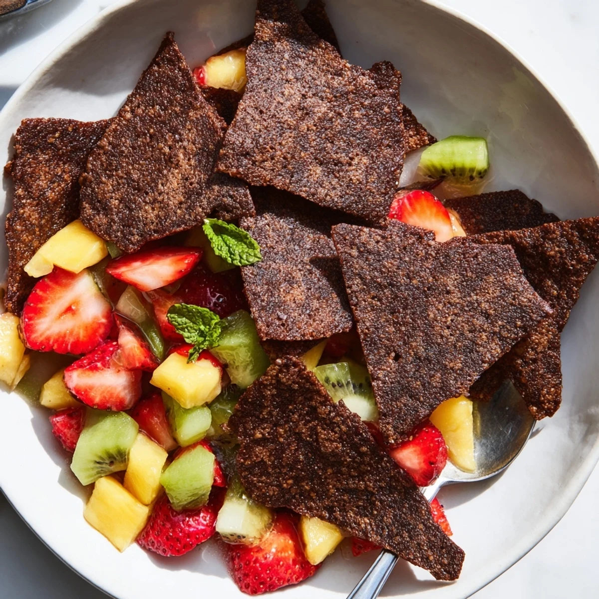 Indulge in crispy chocolate tortilla chips served with refreshing fruit salsa for dessert.