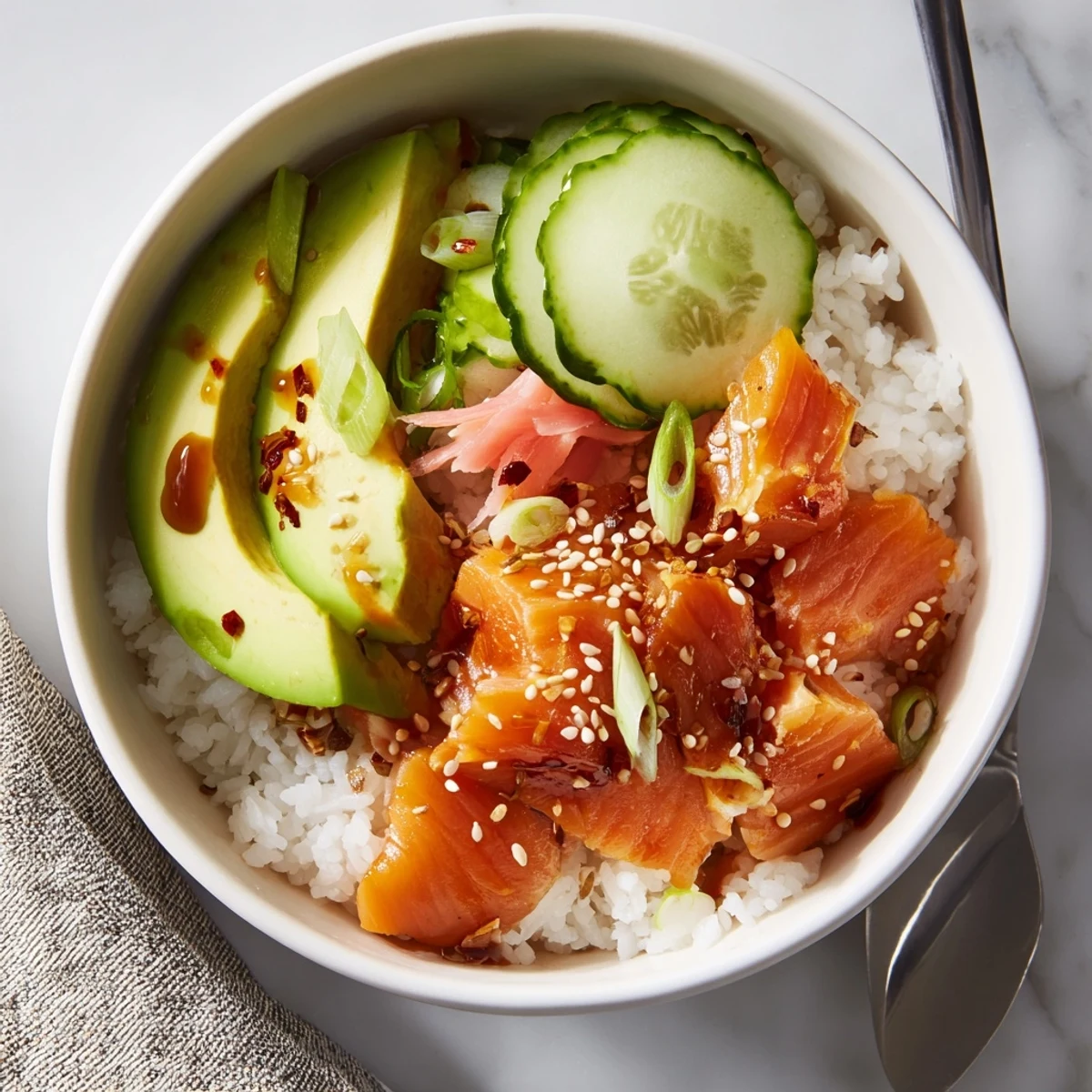 Quick microwave salmon and rice bowl, drizzled with soy sauce and sesame oil.  