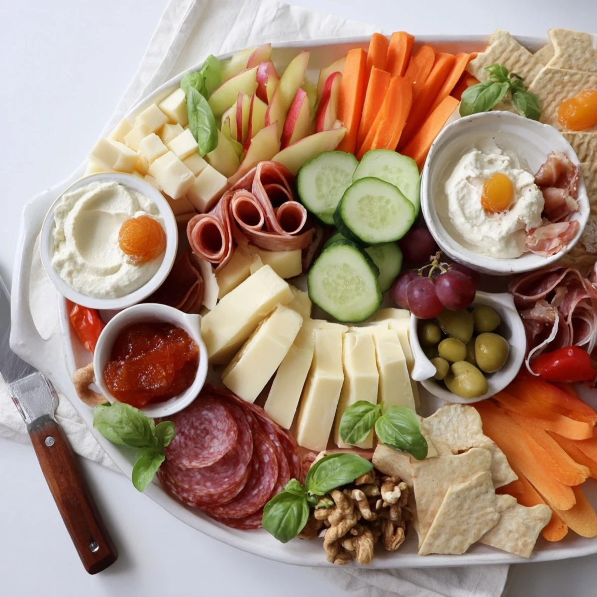 Delicious Girl Dinner Platter featuring colorful fruits, cheeses, and savory dips.
