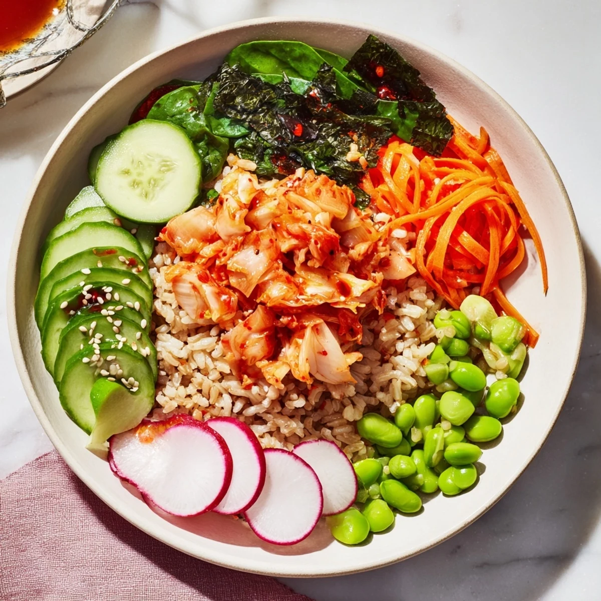 A colorful fermented vegetable bowl with tangy kimchi and fresh greens.