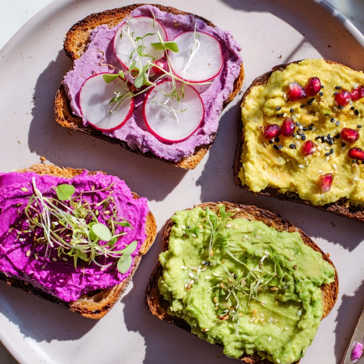 Vibrant Bright & Bold Breakfast Toasts topped with ube, avocado, and fresh garnishes.  