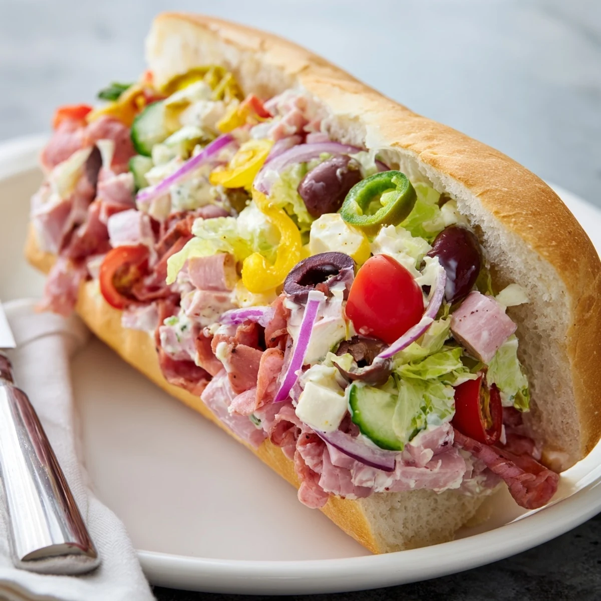 Colorful Flavor Mash-Up Sandwiches brimming with layers of salami, turkey, and crunchy lettuce.