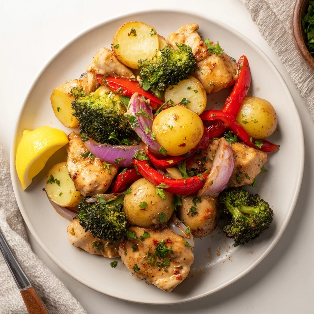 Juicy Lazy Gourmet Chicken & Vegetable One-Pot garnished with fresh parsley and lemon.  