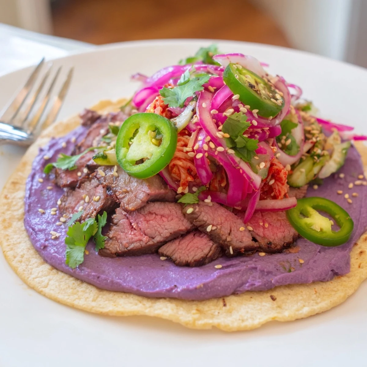Savor these Global Street-Food Fusion Bowls, layered with marinated proteins and ube crema.  