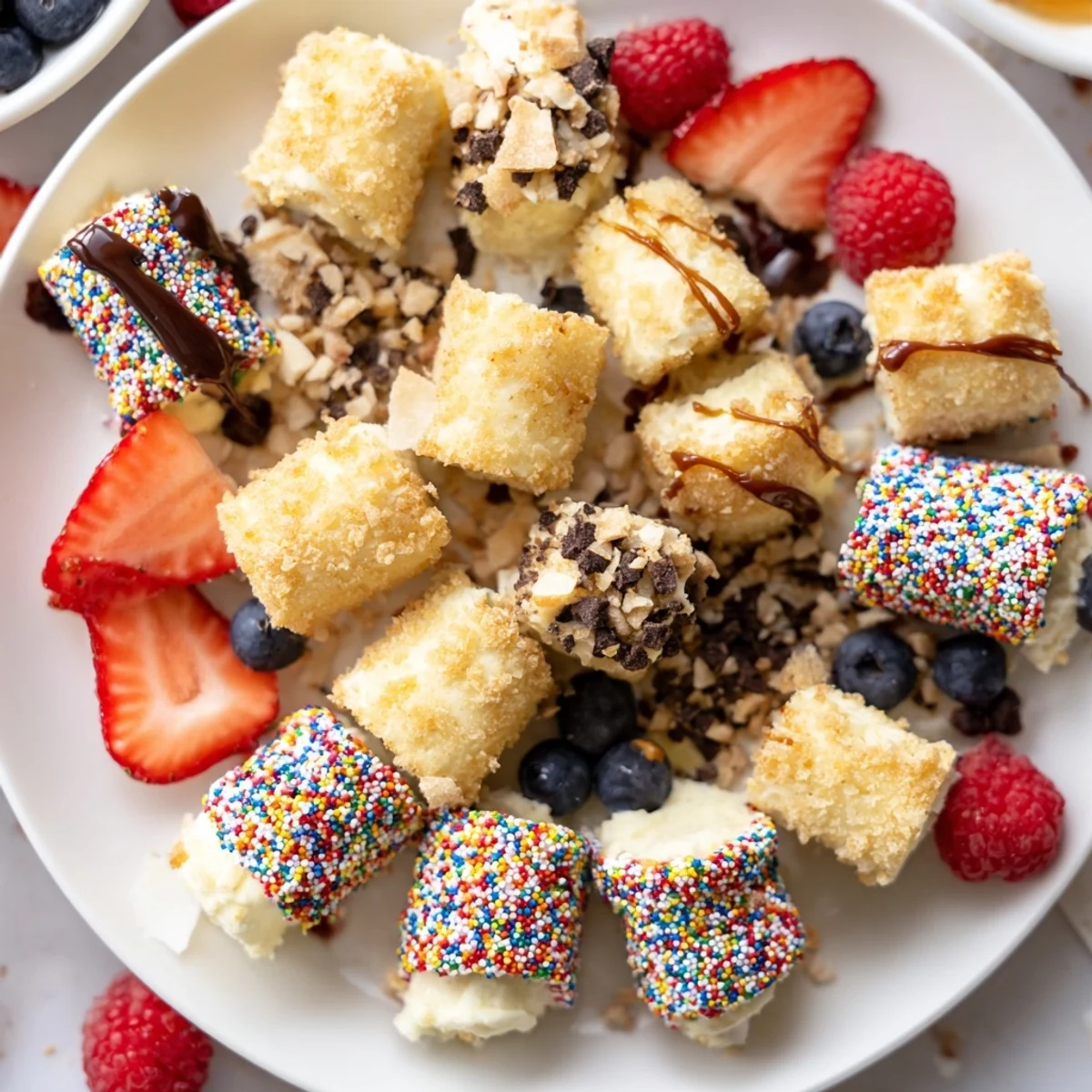 Interactive dessert board showcasing luscious cheesecake bites and fresh fruit toppings.  