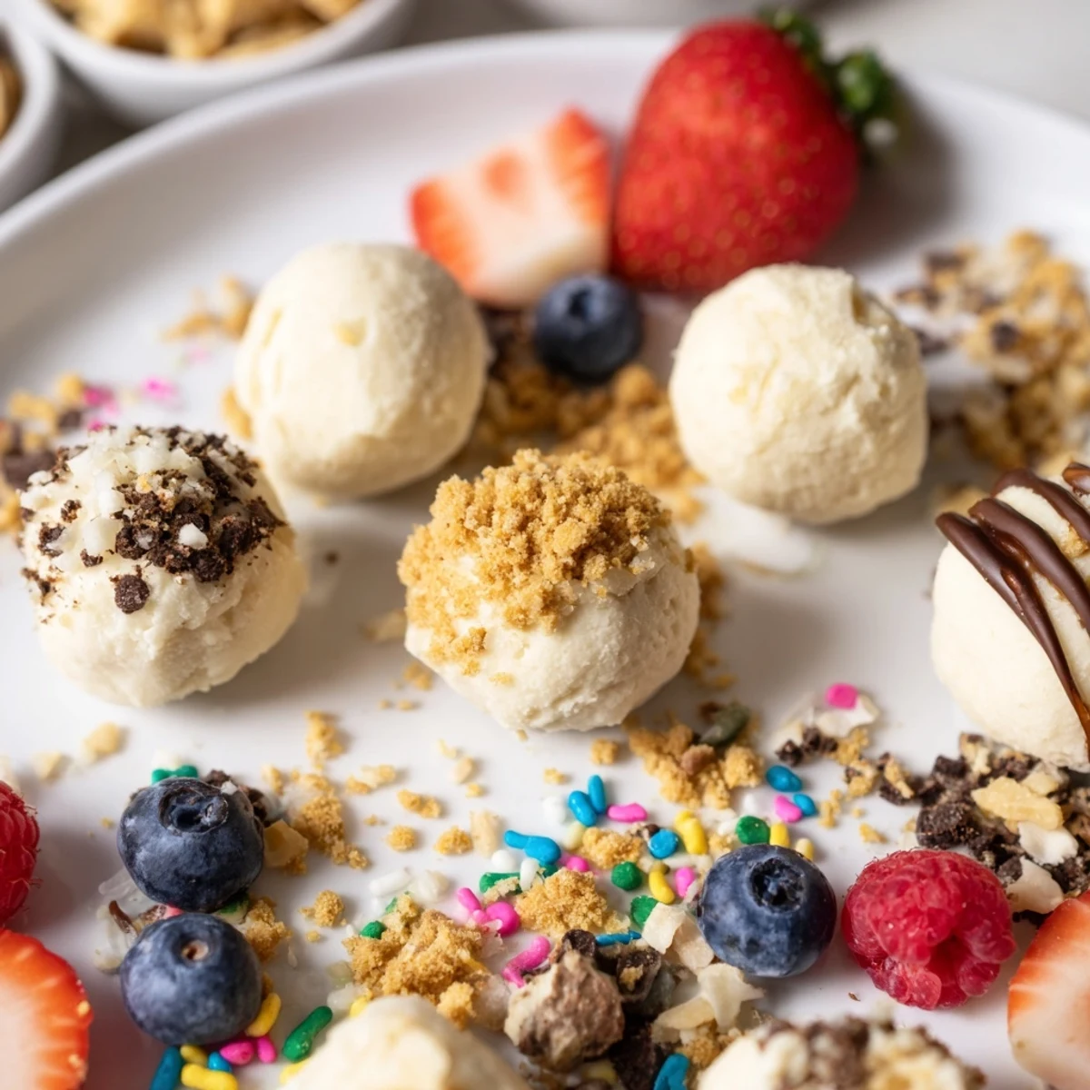 Vibrant cheese bites displayed on a board with toppings for a sweet experience.