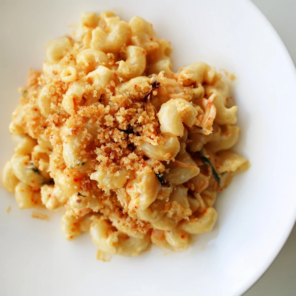 Creamy Spicy Kimchi Mac & Cheese topped with crunchy sesame for a flavorful kick.  