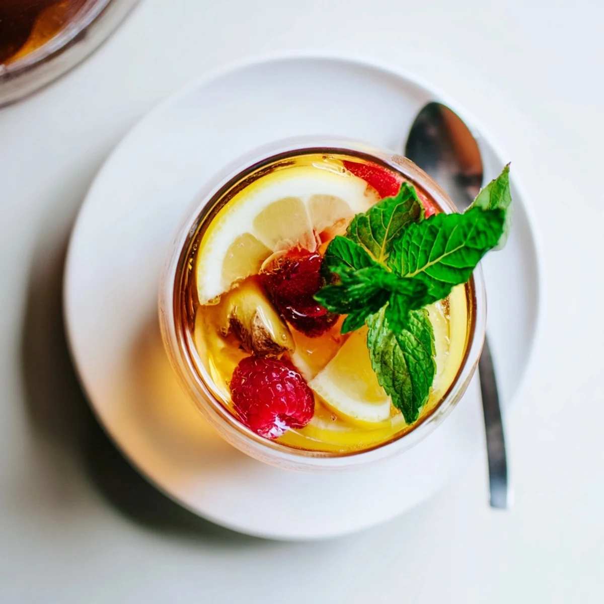 Colorful glass bottles of kombucha-style mocktails infused with zesty lemon and mint.