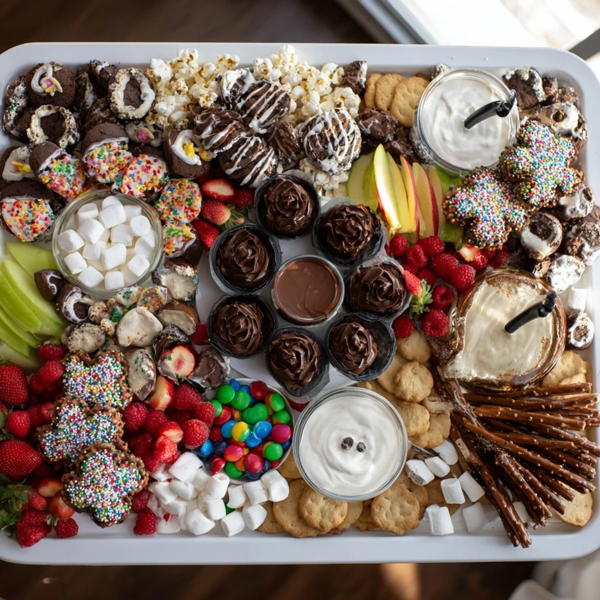 Colorful themed dessert board featuring sweet treats and fresh fruits for sharing.  
