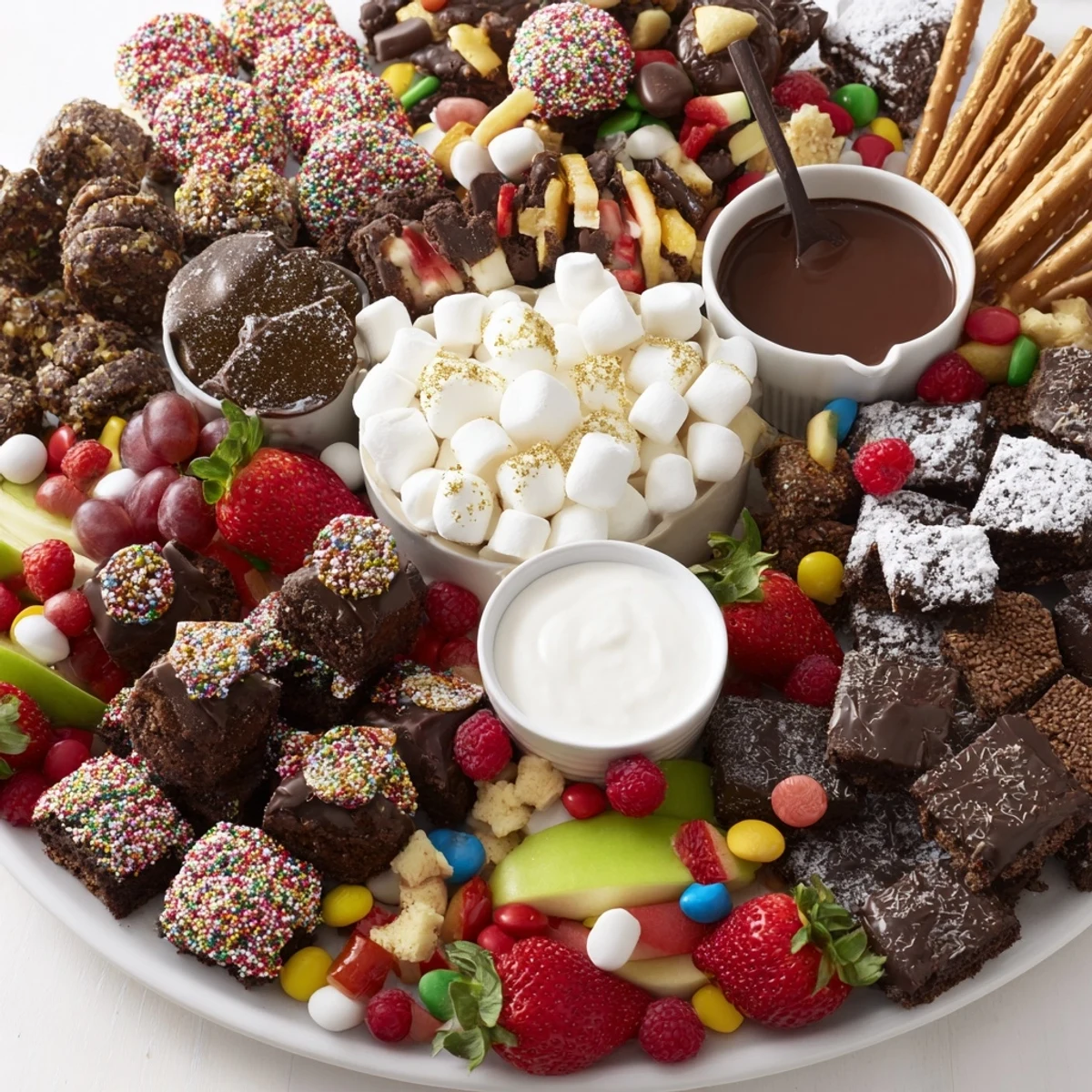 A vibrant dessert board with assorted snacks, perfect for festive gatherings.  