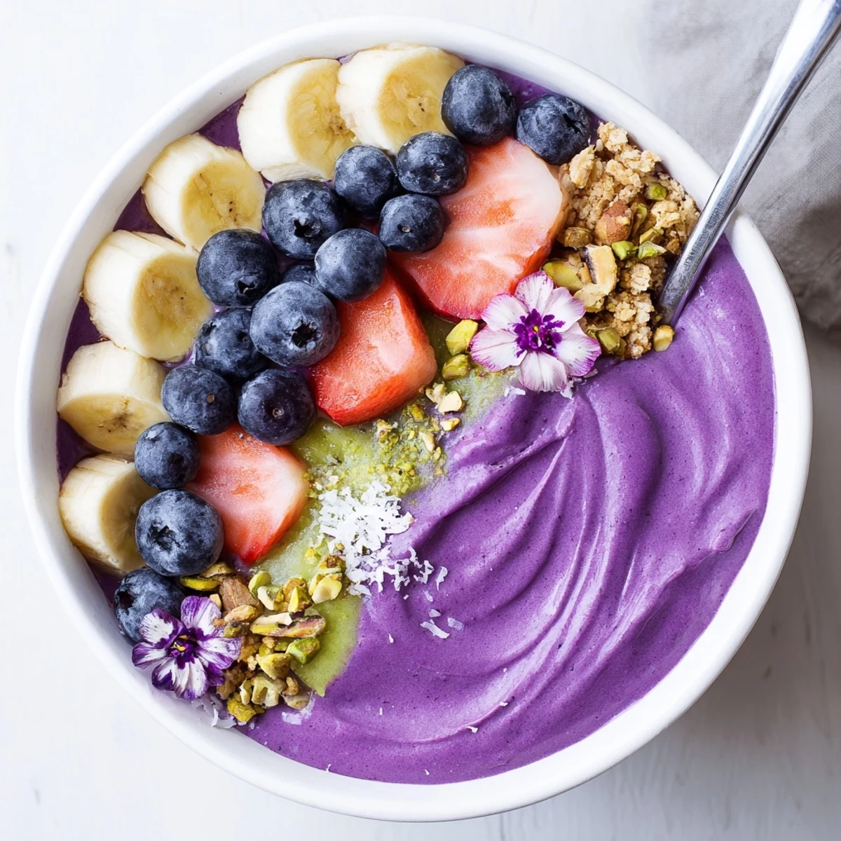Vibrant smoothie bowls featuring purple yam and pistachio for a delicious breakfast.  
