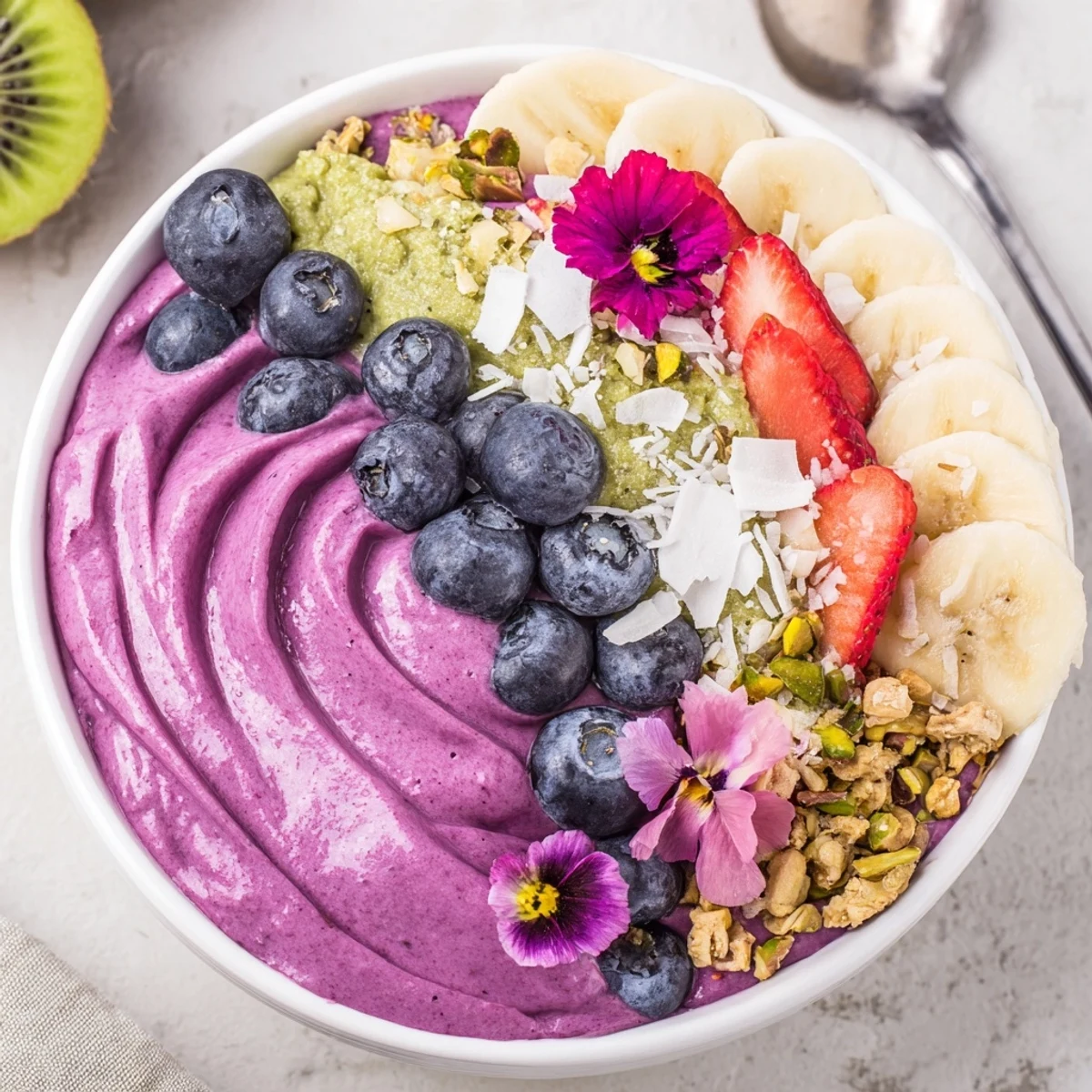 Creative smoothie bowl with kiwi and berries, offering unique flavor twists for breakfast.