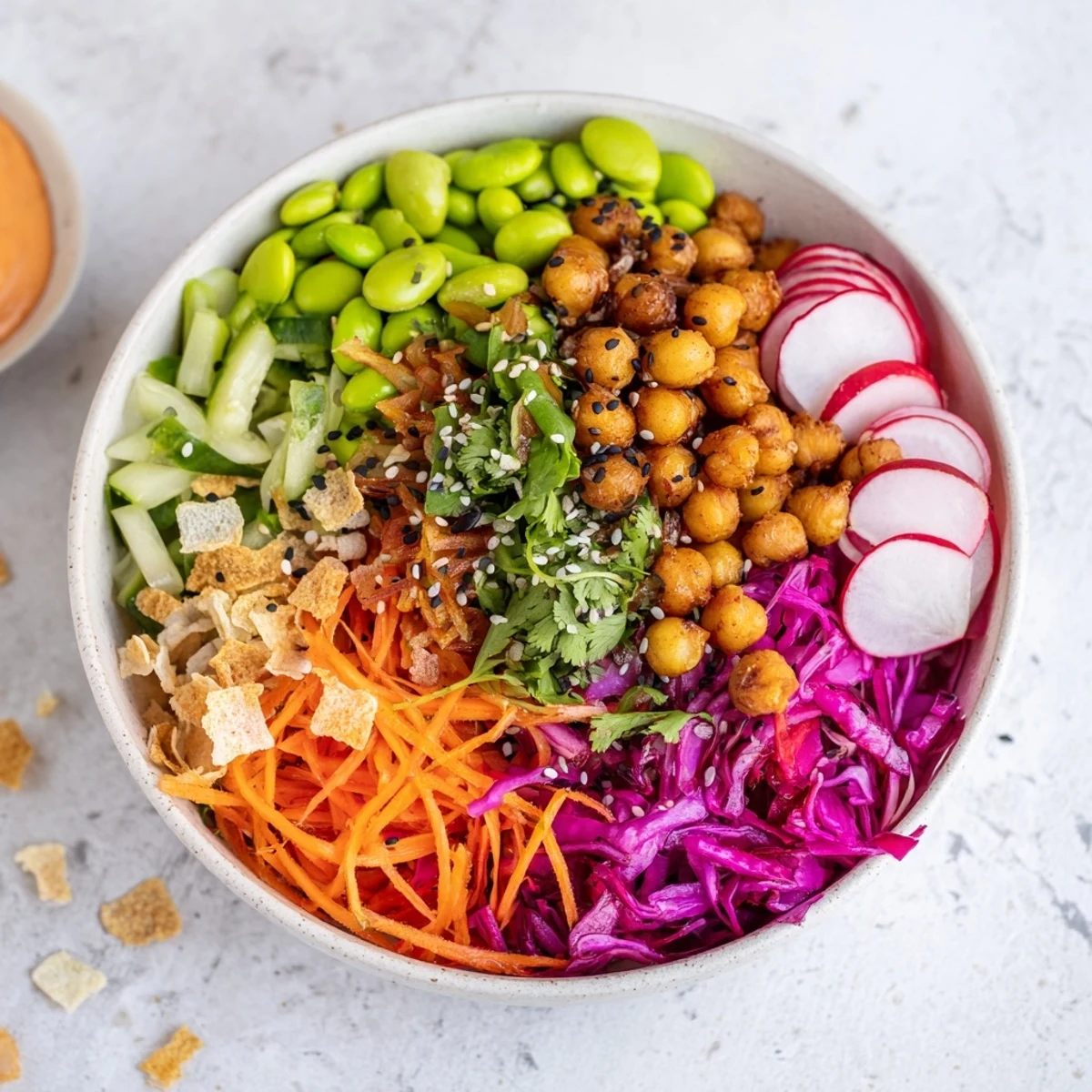 Vibrant snack bowls of ASMR Crunch, showcasing crunchy textures and colorful ingredients.  