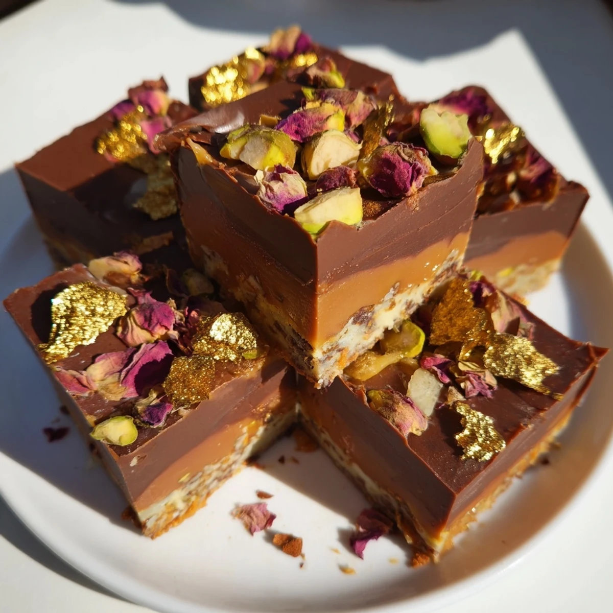 Richly layered chocolate bar inspired creations adorned with edible gold leaf garnishes.
