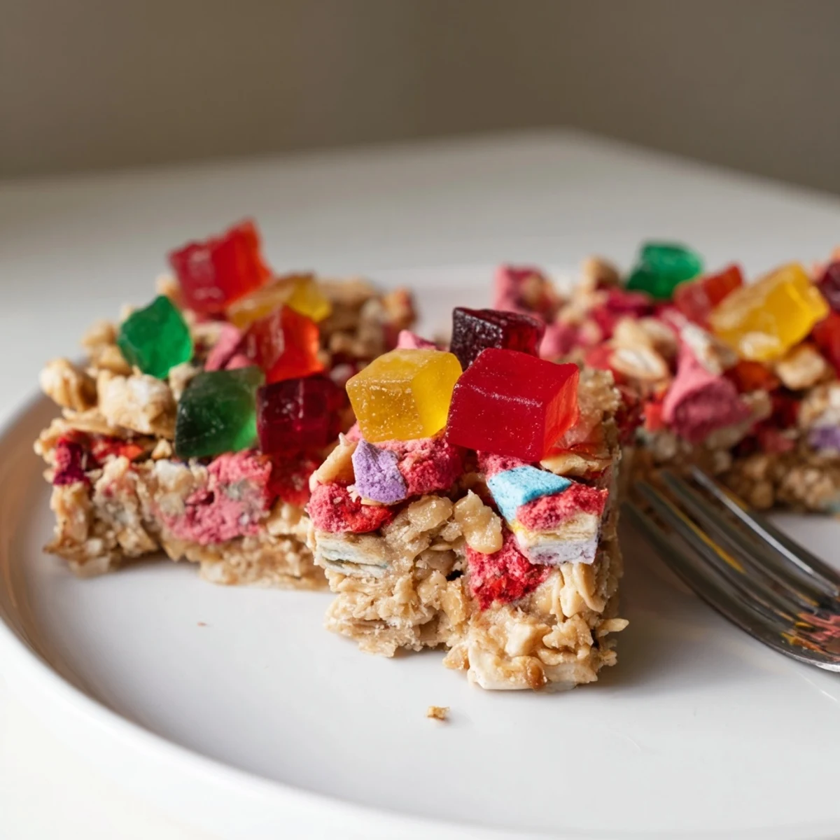 Tempting homemade gummies and crunchy freeze-dried fruits decorate these delicious snack bars.  