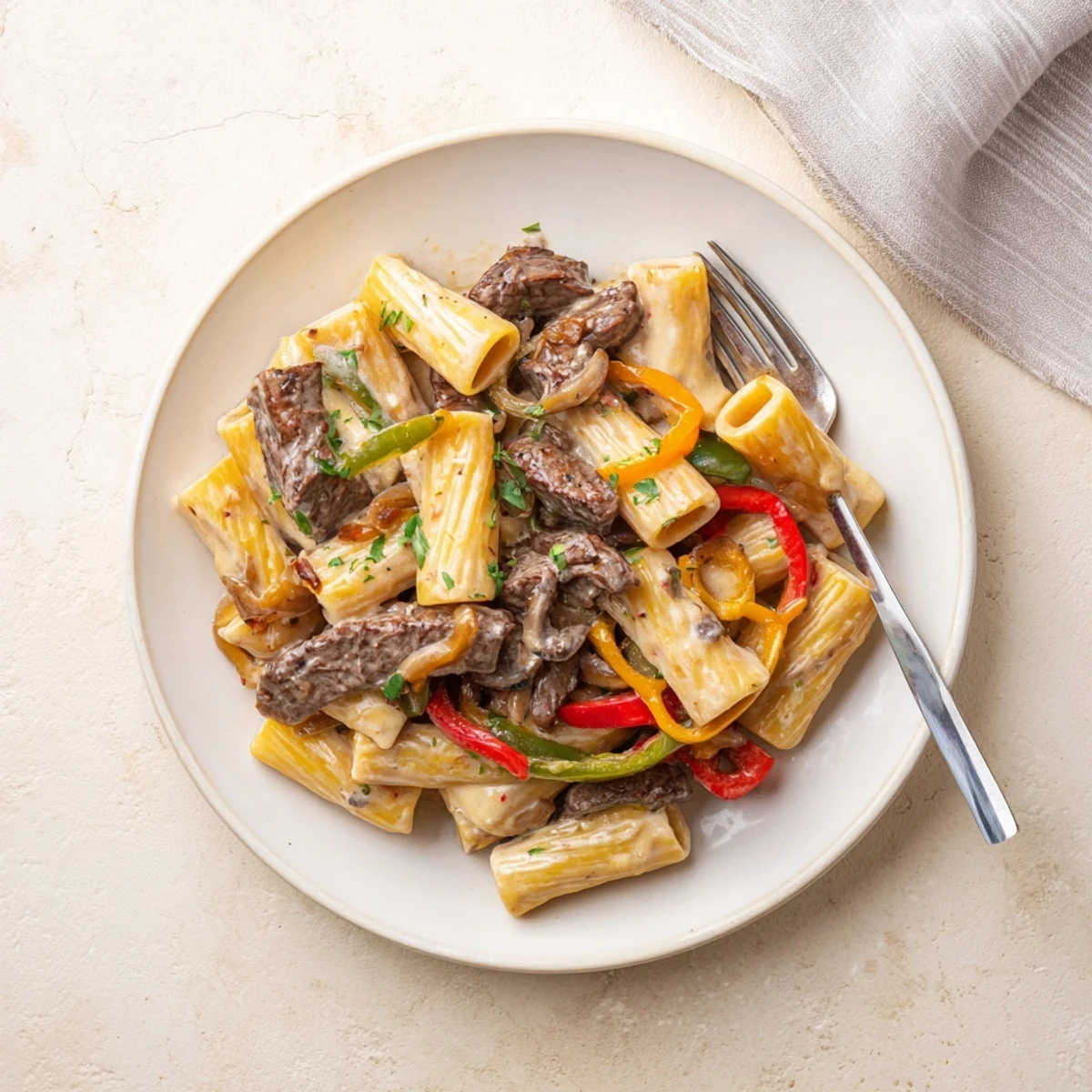 Delicious Philly Cheese Steak Pasta with tender beef and vibrant sautéed vegetables.  