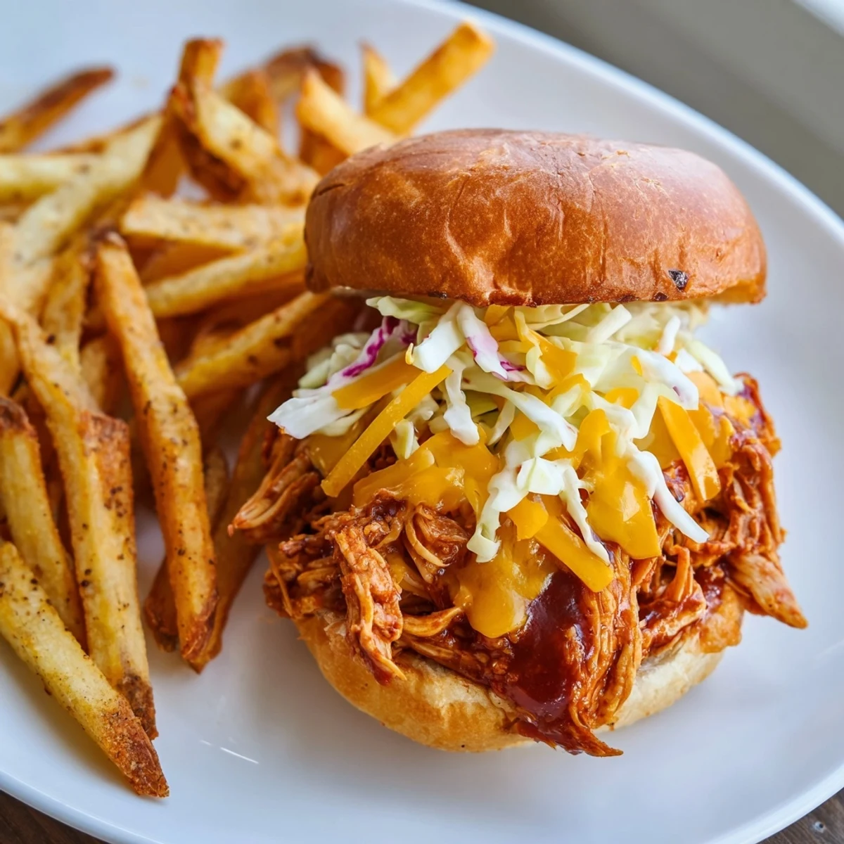 Delicious shredded BBQ Chicken Sliders nestled in soft buns, accompanied by fries.  