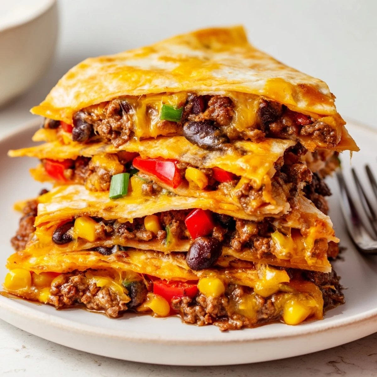 Crispy sheet pan quesadillas with beef, cheese, and vibrant veggies ready to serve.