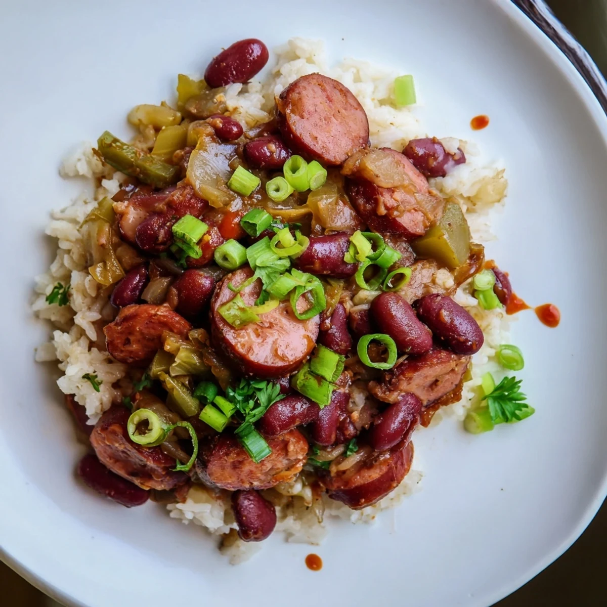 Savory red beans & rice simmered with smoky sausage, perfect for comfort food.  