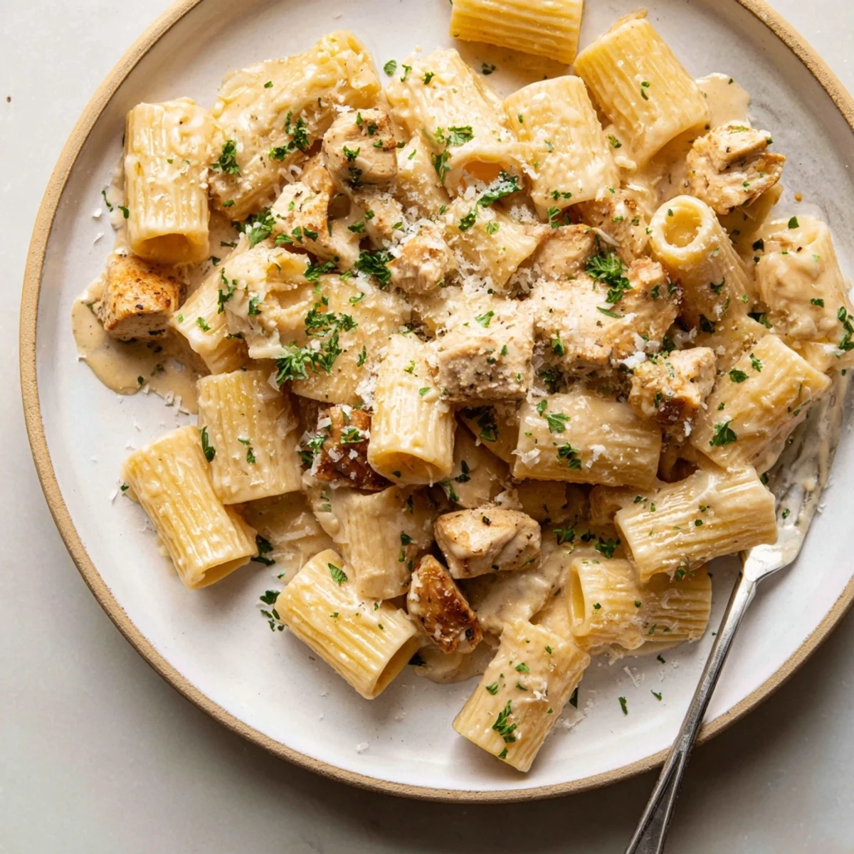 Creamy Garlic Parmesan Chicken Rigatoni topped with parsley, a comforting weeknight dinner.  