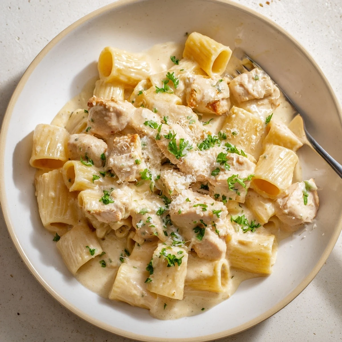 Indulgent Creamy Garlic Parmesan Chicken Rigatoni served warm, enticing and flavorful.