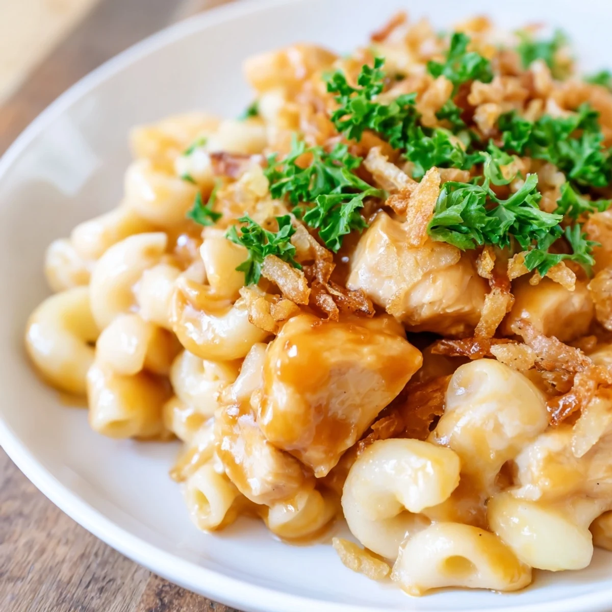 Creamy One-Pot Honey BBQ Chicken Mac and Cheese, topped with parsley.