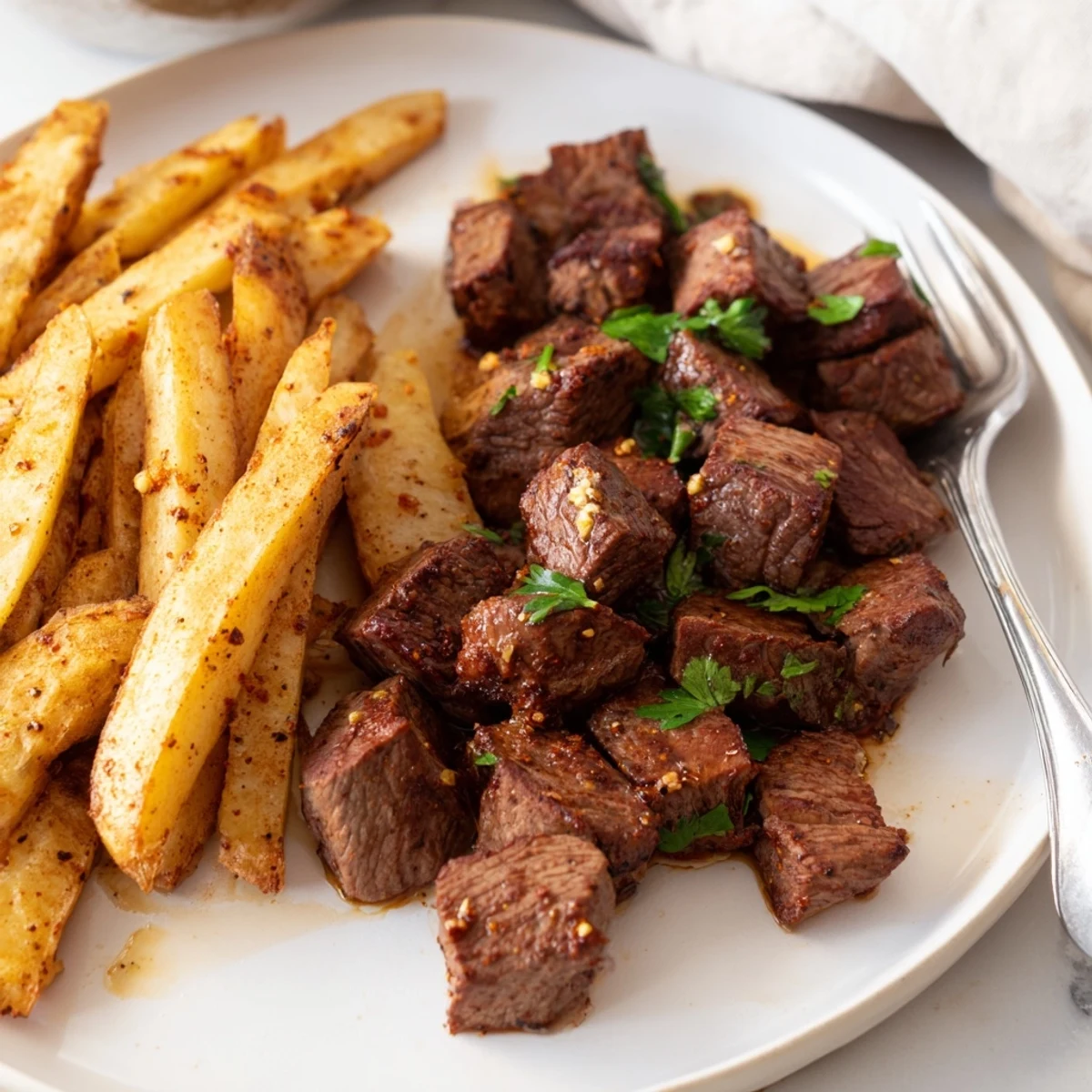Delicious Blackened Cajun Steak Bites presented fork-ready, next to fluffy, seasoned fries for dipping pleasure.