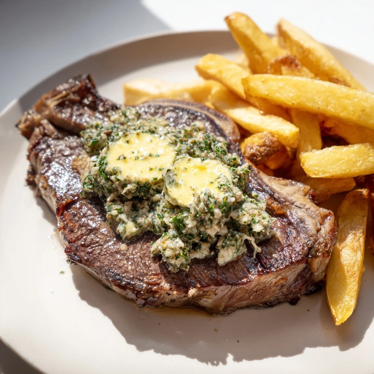 Juicy Steakhouse Garlic Butter Steak & Fries, seared to perfection and topped with garlic herb butter.