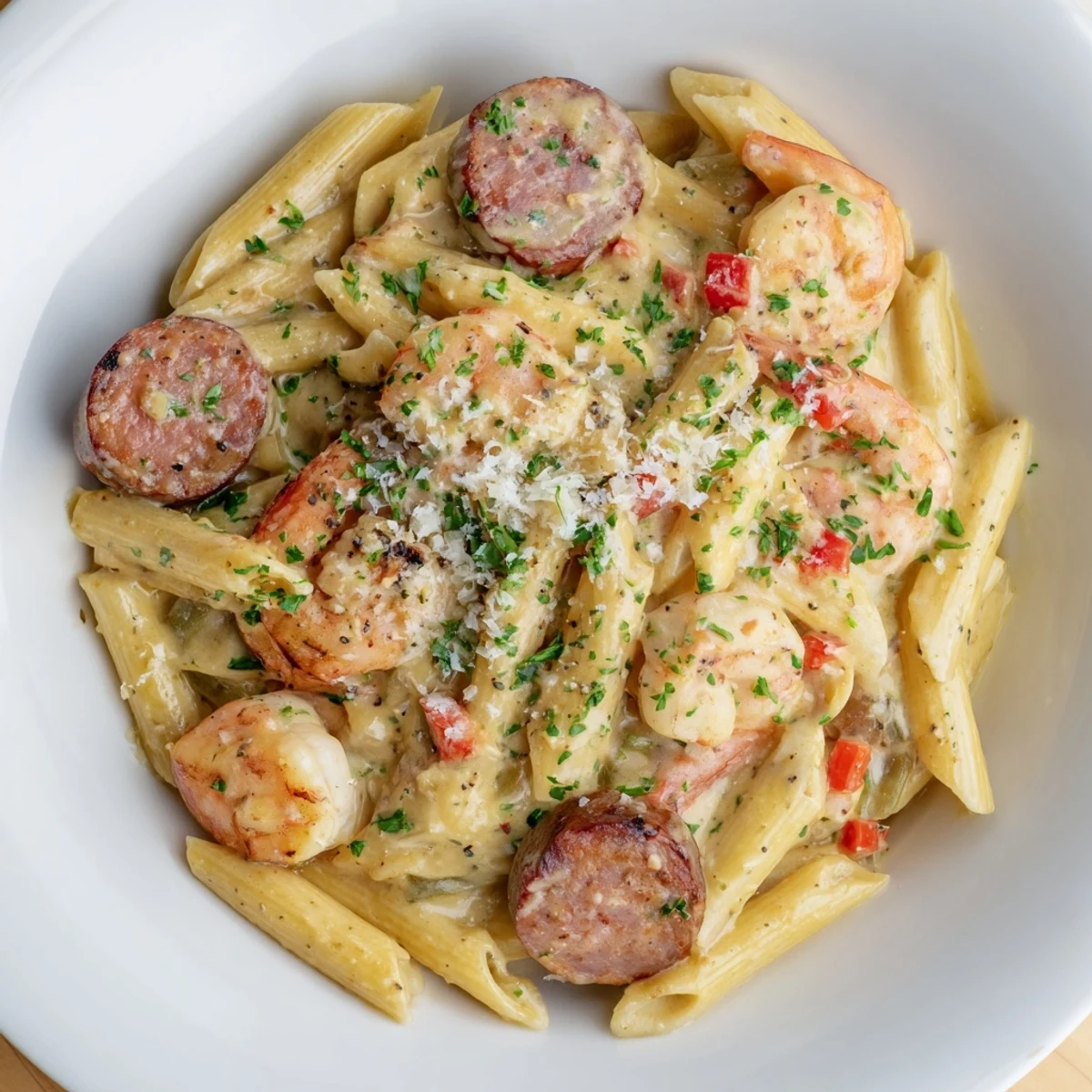 Creamy Cajun Sausage & Shrimp Alfredo Pasta Skillet garnished with fresh parsley.  