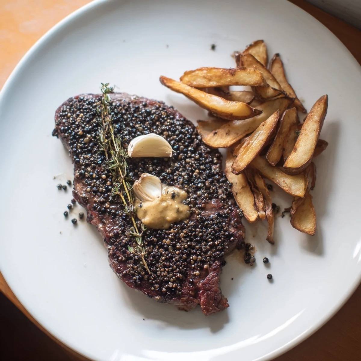 Juicy Classic Peppercorn Ribeye steak with a peppercorn crust, served with a pile of wonderfully crispy fries.