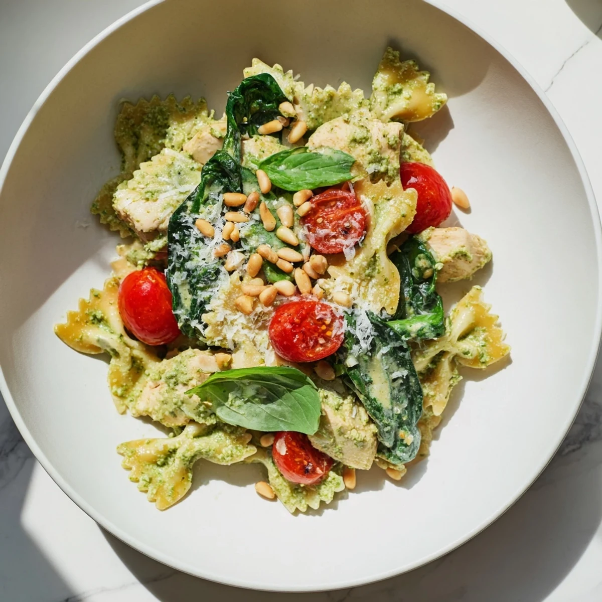 Imagine bowls of pesto chicken bowtie pasta topped with pine nuts and extra parmesan cheese.