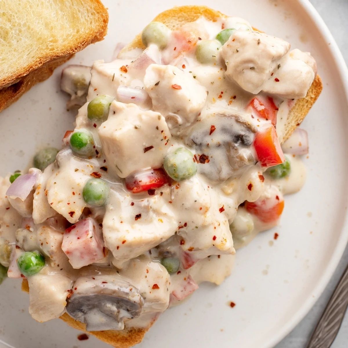 This Chicken à la King is served over buttery toast, a delicious, savory American delight.