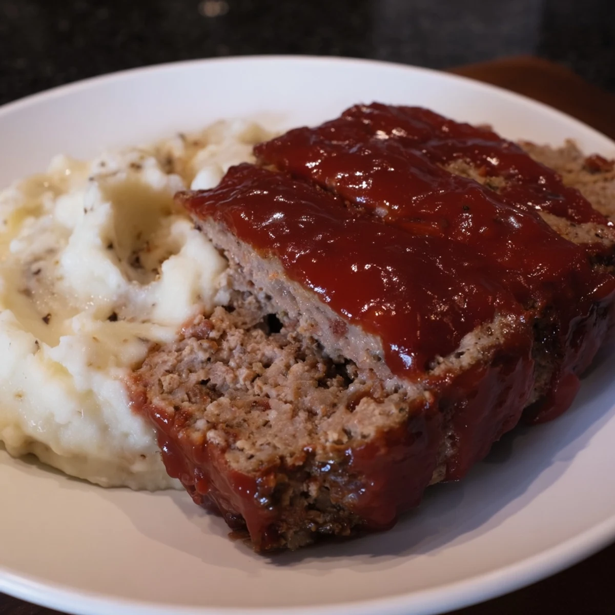 Steaming hot Classic Meatloaf & Mashed Potatoes, rich with glaze, next to fluffy, whipped potatoes.