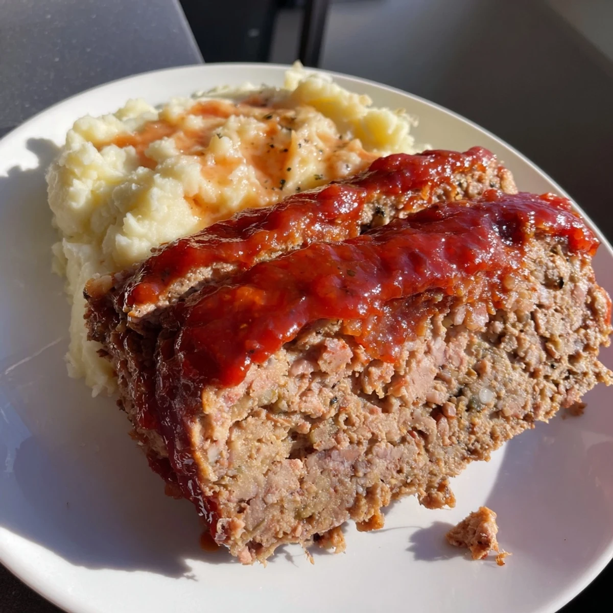 A close-up of a hearty serving of Classic Meatloaf & Mashed Potatoes, perfect for family dinner.