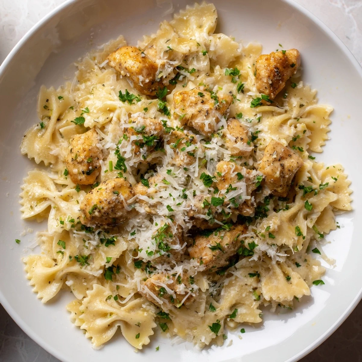 Creamy mozzarella garlic butter chicken bowties, steaming hot and ready for a delicious Italian-American dinner.